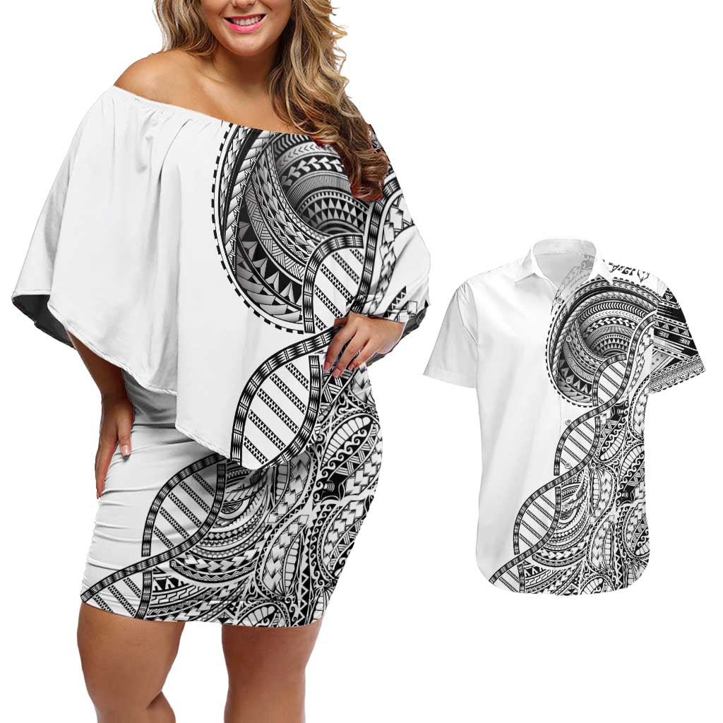 Samoan DNA Art Tattoo Couples Matching Off Shoulder Short Dress and Hawaiian Shirt Polynesian Pattern White Color