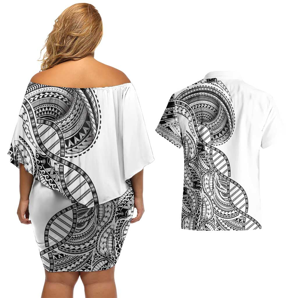Samoan DNA Art Tattoo Couples Matching Off Shoulder Short Dress and Hawaiian Shirt Polynesian Pattern White Color