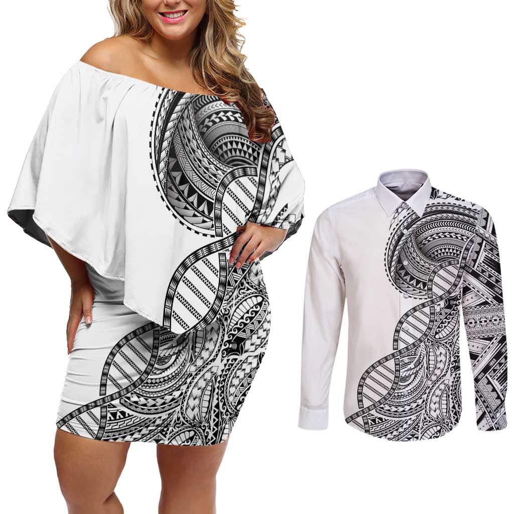 Samoan DNA Art Tattoo Couples Matching Off Shoulder Short Dress and Long Sleeve Button Shirt Polynesian Pattern White Color