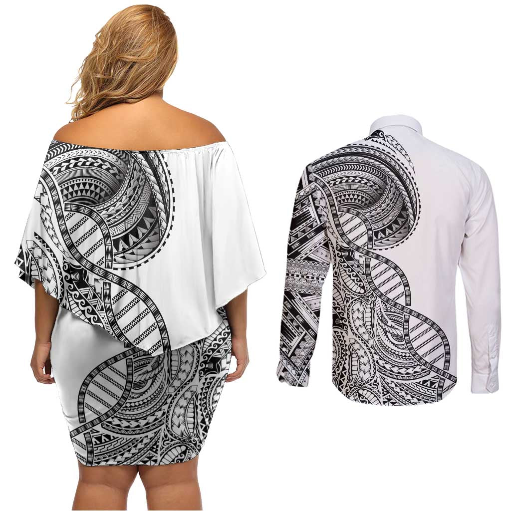 Samoan DNA Art Tattoo Couples Matching Off Shoulder Short Dress and Long Sleeve Button Shirt Polynesian Pattern White Color