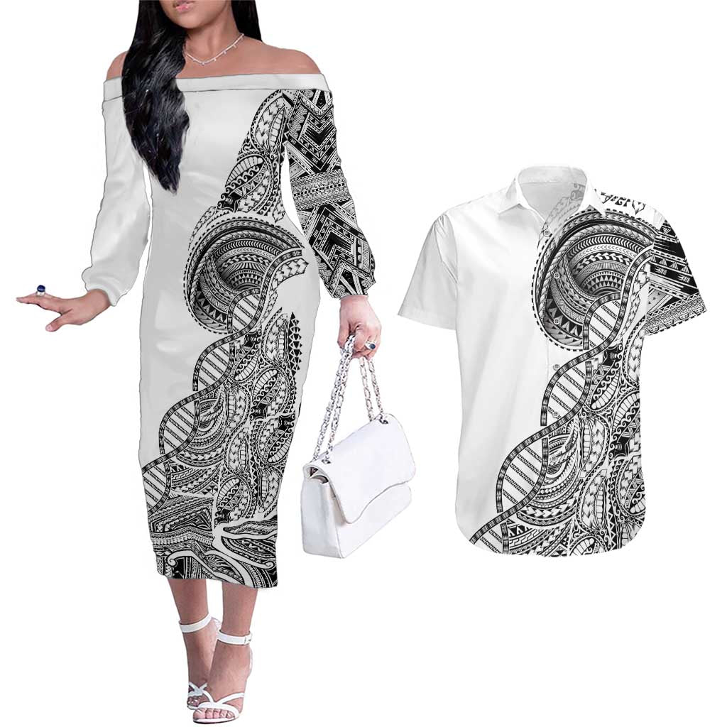 Samoan DNA Art Tattoo Couples Matching Off The Shoulder Long Sleeve Dress and Hawaiian Shirt Polynesian Pattern White Color