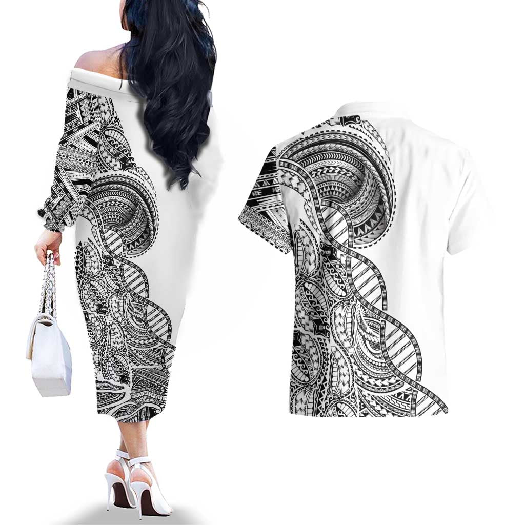 Samoan DNA Art Tattoo Couples Matching Off The Shoulder Long Sleeve Dress and Hawaiian Shirt Polynesian Pattern White Color LT03 - Polynesian Pride