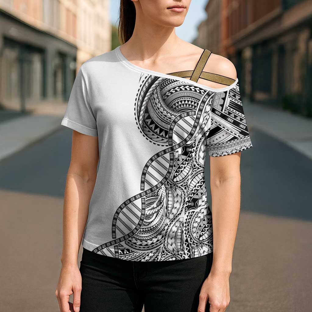Samoan DNA Art Tattoo Cross Shoulder Shirt Polynesian Pattern White Color LT03 - Polynesian Pride