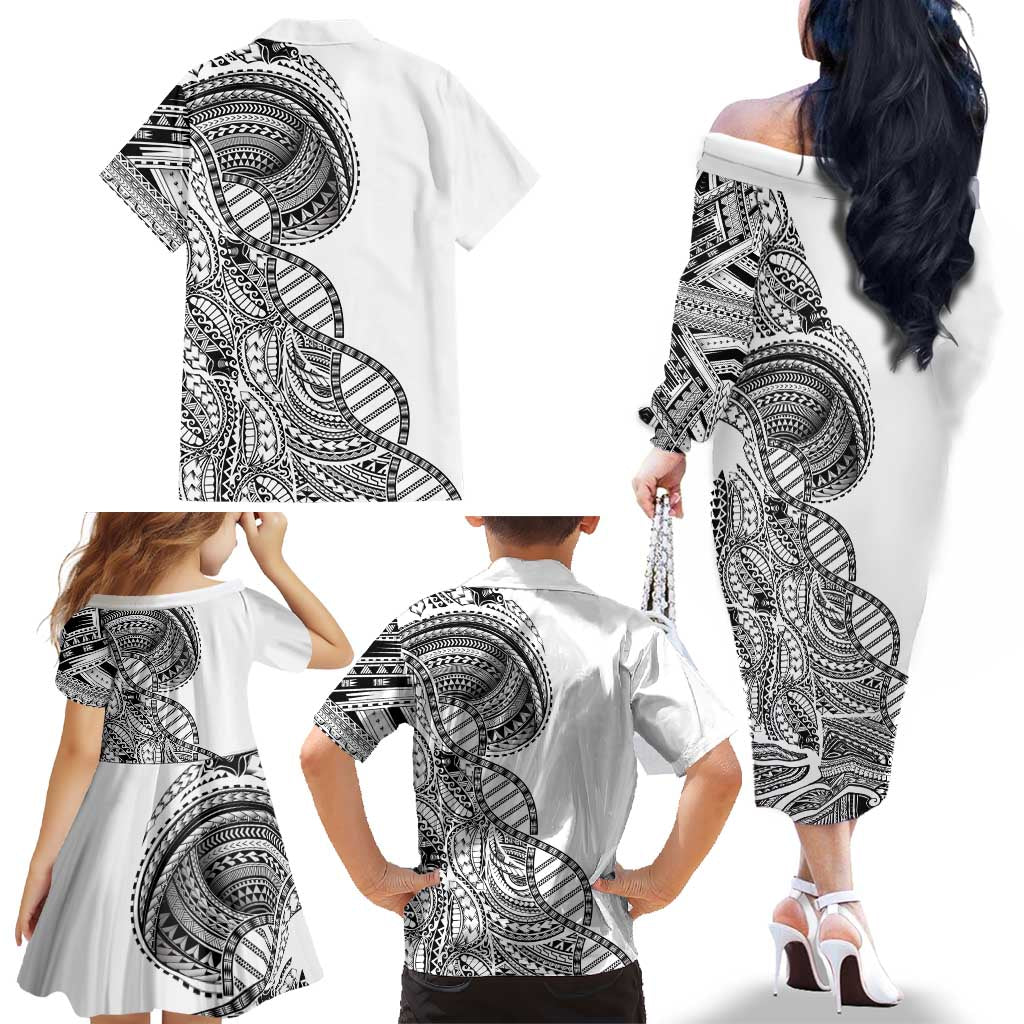 Samoan DNA Art Tattoo Family Matching Off The Shoulder Long Sleeve Dress and Hawaiian Shirt Polynesian Pattern White Color LT03 - Polynesian Pride