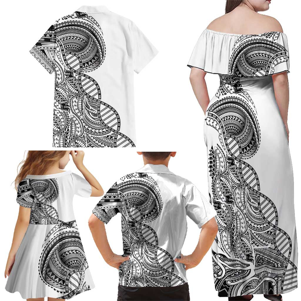 Samoan DNA Art Tattoo Family Matching Off Shoulder Maxi Dress and Hawaiian Shirt Polynesian Pattern White Color LT03 - Polynesian Pride