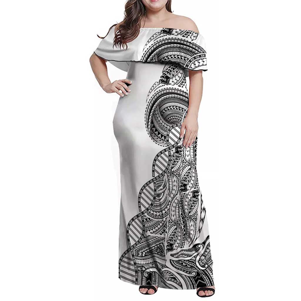 Samoan DNA Art Tattoo Family Matching Off Shoulder Maxi Dress and Hawaiian Shirt Polynesian Pattern White Color LT03 Mom's Dress White - Polynesian Pride