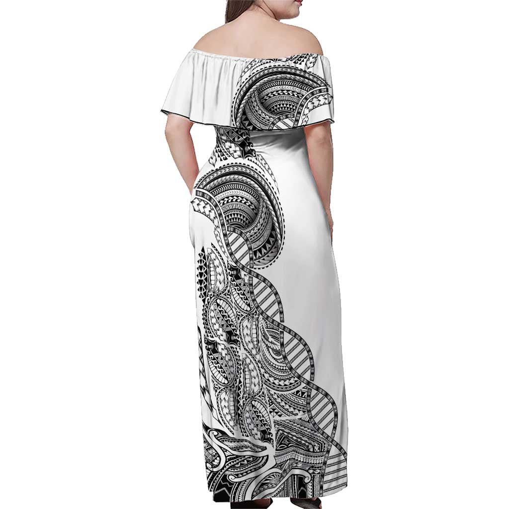Samoan DNA Art Tattoo Family Matching Off Shoulder Maxi Dress and Hawaiian Shirt Polynesian Pattern White Color LT03 - Polynesian Pride