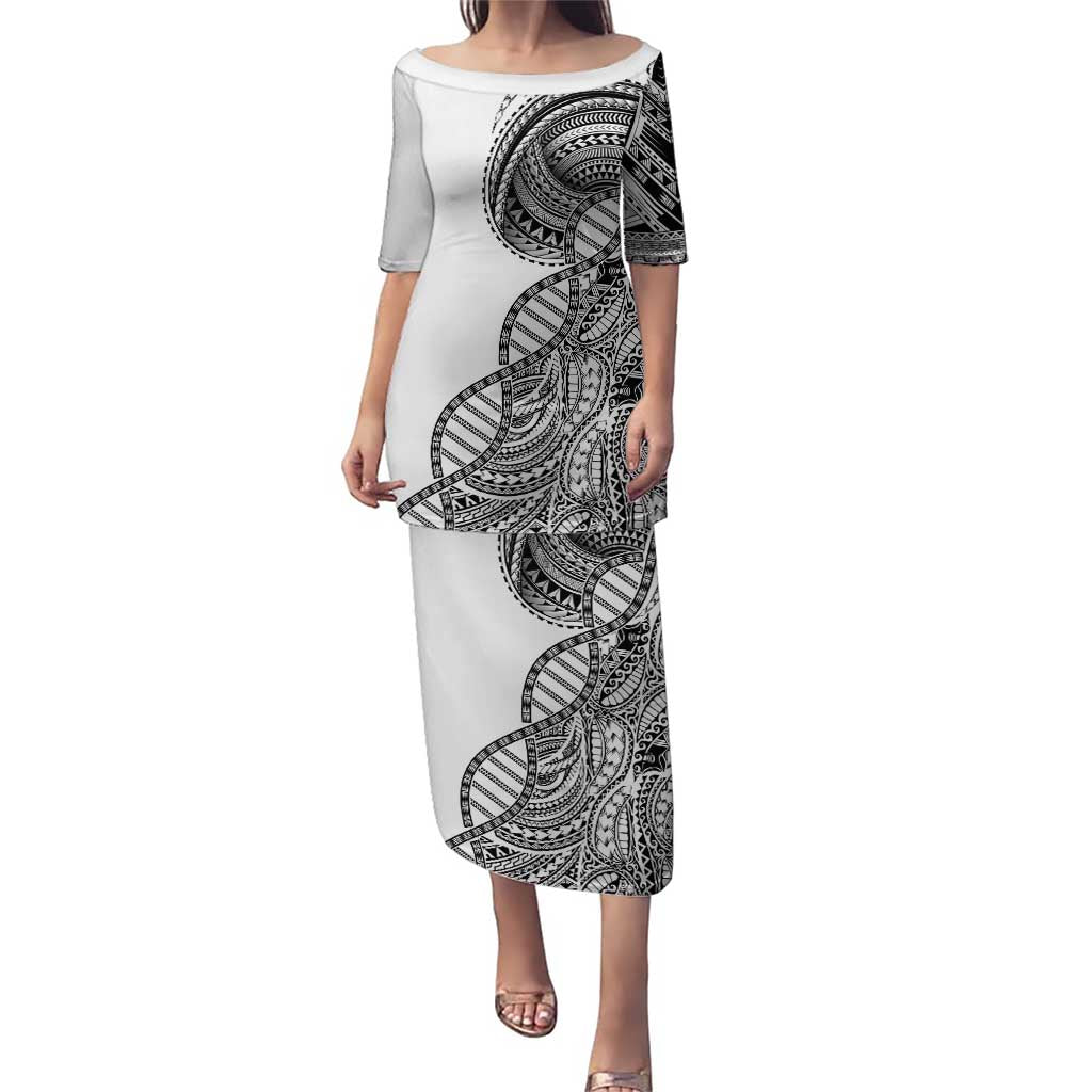Samoan DNA Art Tattoo Family Matching Puletasi and Hawaiian Shirt Polynesian Pattern White Color LT03 Mom's Dress White - Polynesian Pride