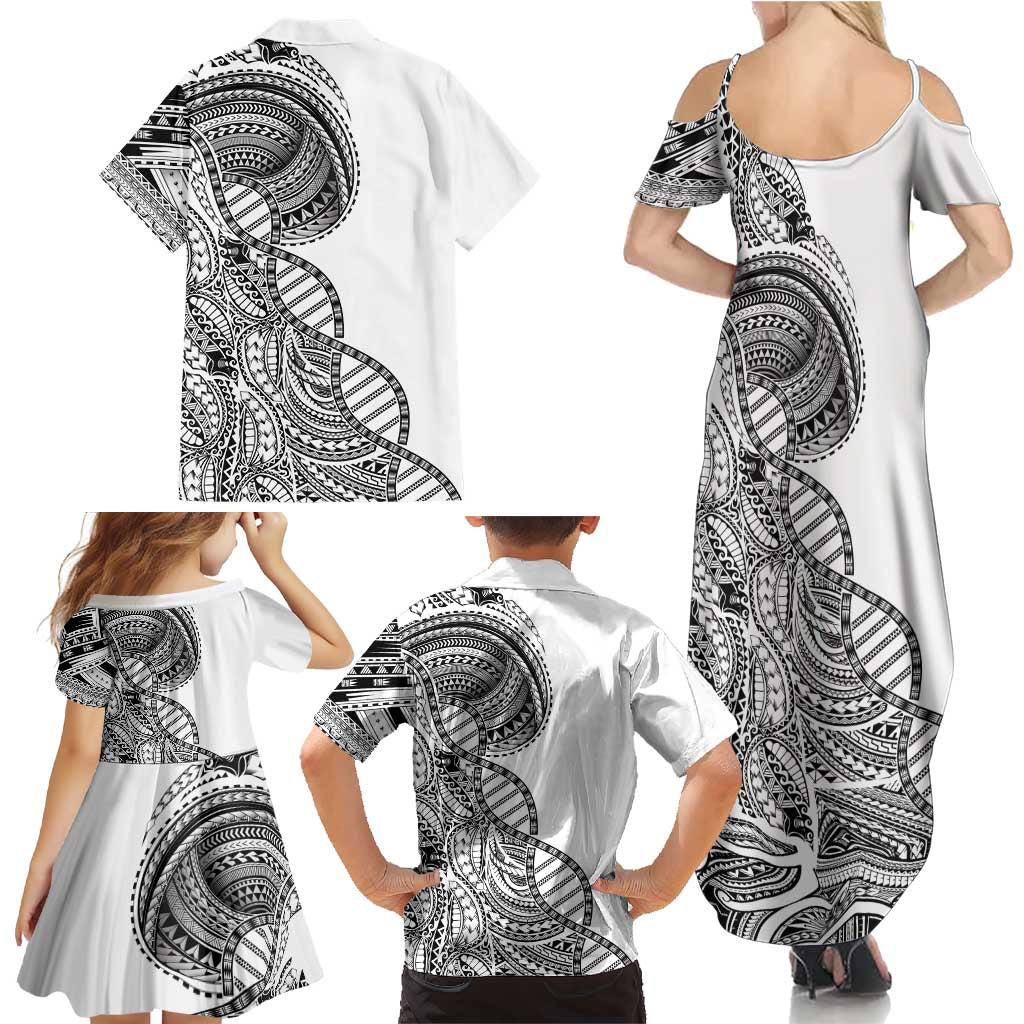 Samoan DNA Art Tattoo Family Matching Summer Maxi Dress and Hawaiian Shirt Polynesian Pattern White Color LT03 - Polynesian Pride