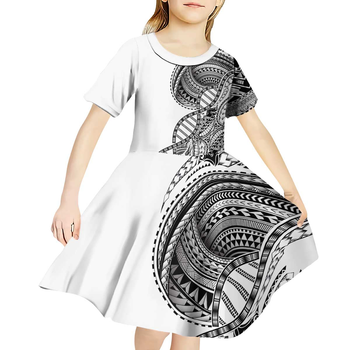 Samoan DNA Art Tattoo Kid Short Sleeve Dress Polynesian Pattern White Color