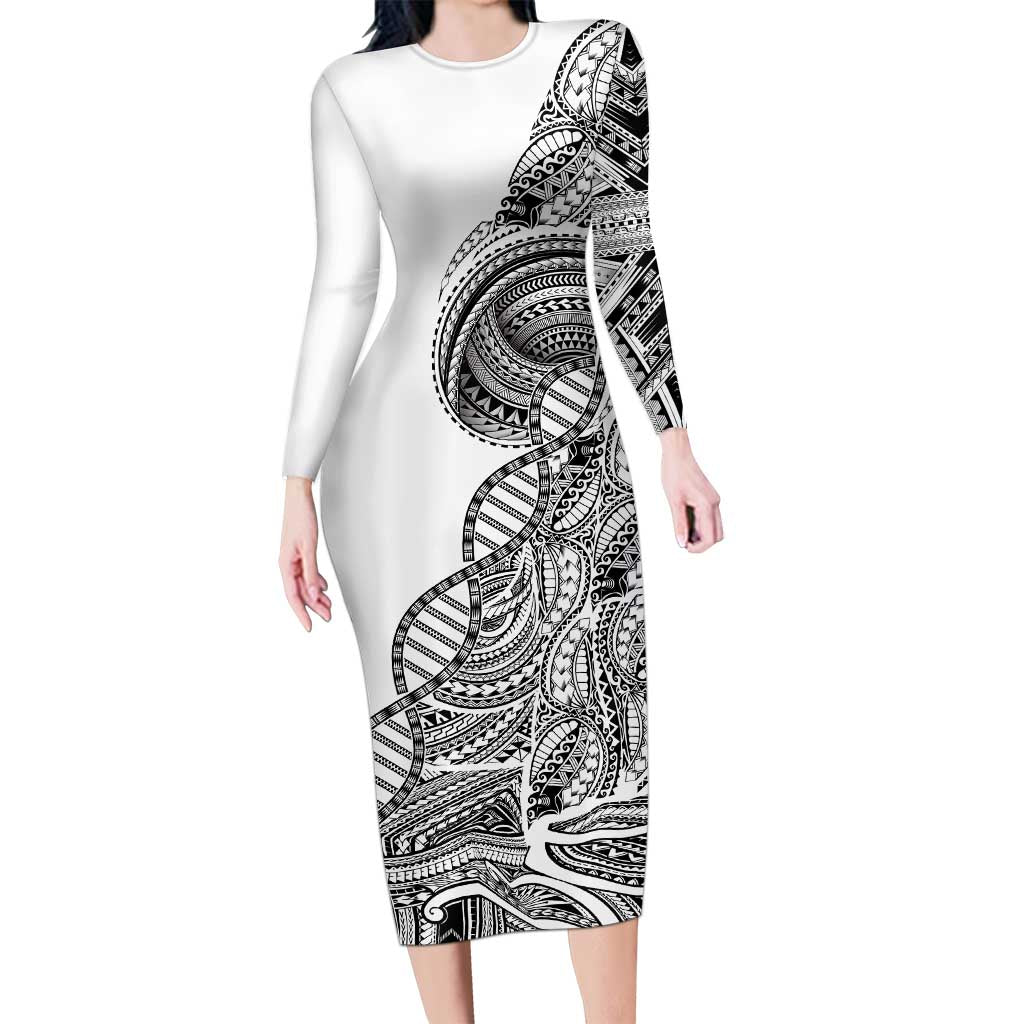 Samoan DNA Art Tattoo Long Sleeve Bodycon Dress Polynesian Pattern White Color