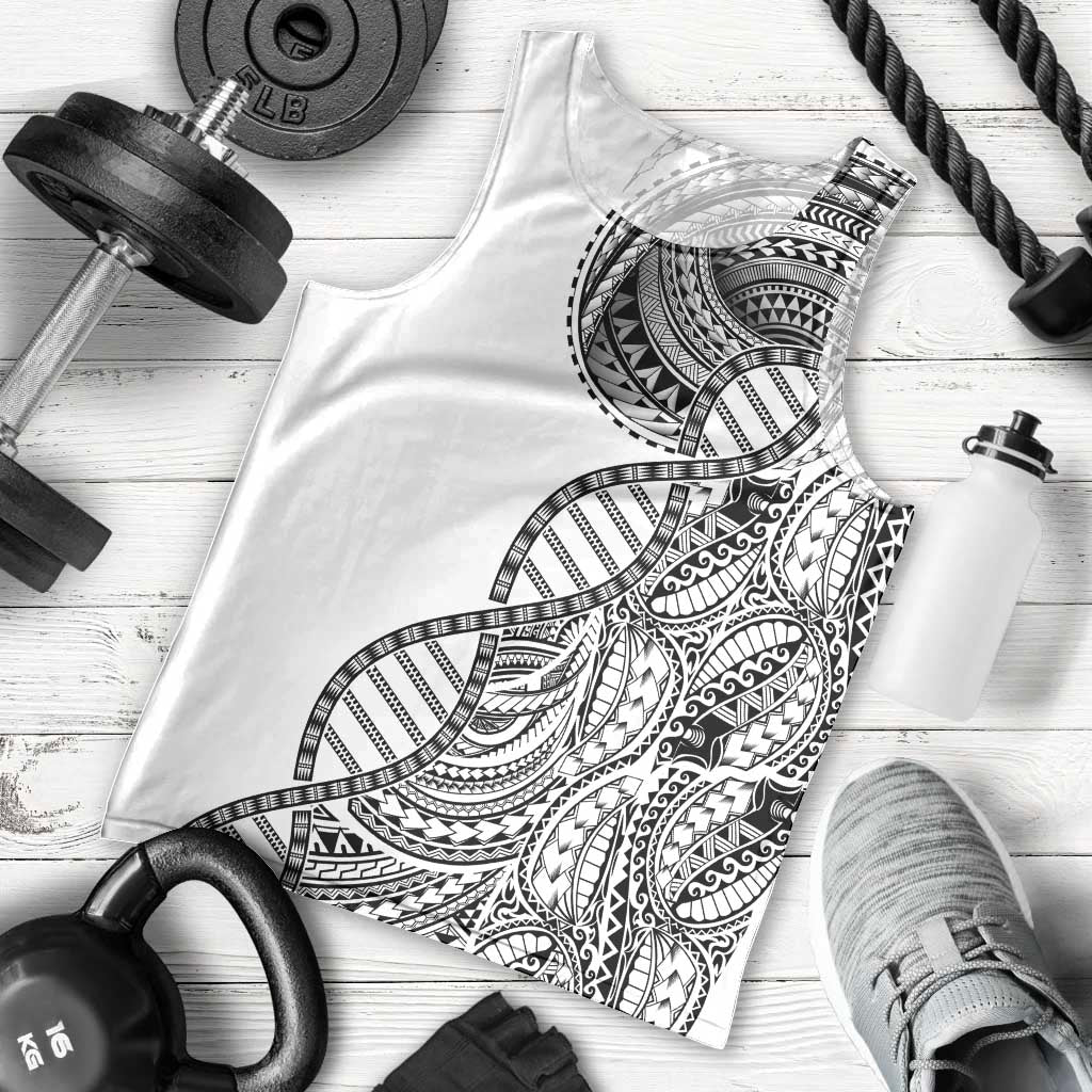 Samoan DNA Art Tattoo Men Tank Top Polynesian Pattern White Color