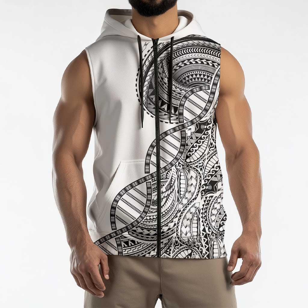 Samoan DNA Art Tattoo Sleeveless Zip Hoodie Polynesian Pattern White Color