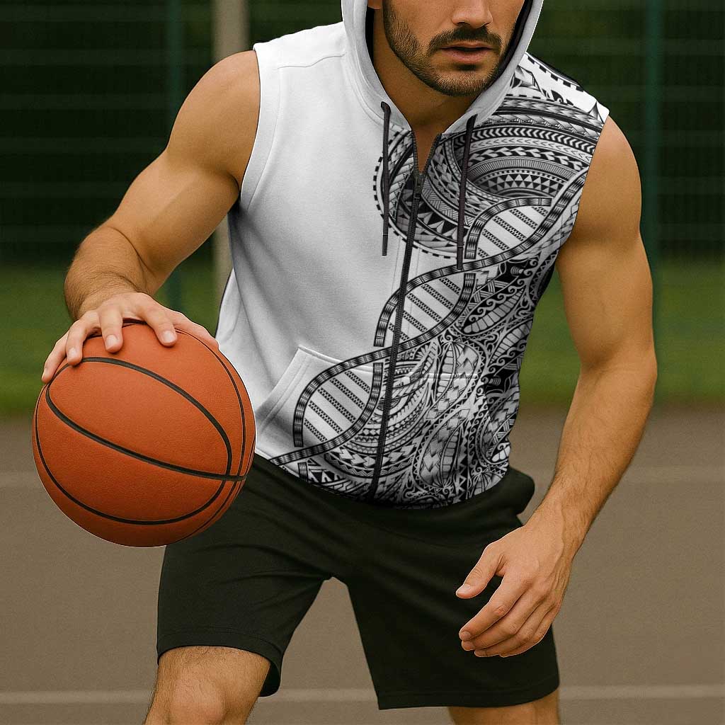 Samoan DNA Art Tattoo Sleeveless Zip Hoodie Polynesian Pattern White Color