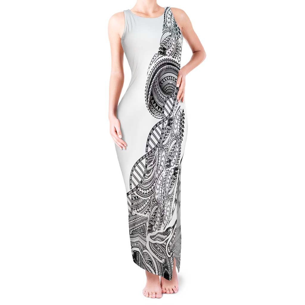Samoan DNA Art Tattoo Tank Maxi Dress Polynesian Pattern White Color