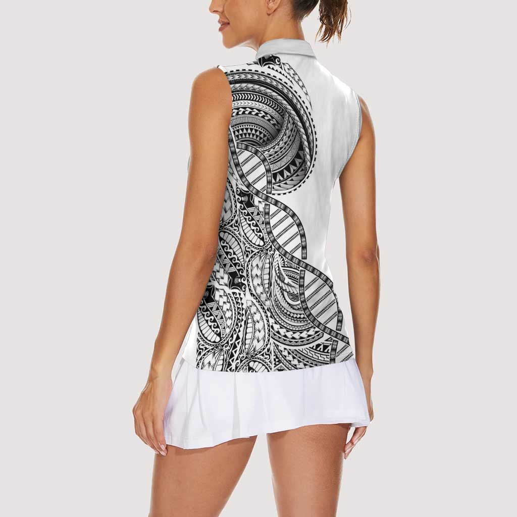 Samoan DNA Art Tattoo Women Sleeveless Polo Shirt Polynesian Pattern White Color LT03 - Polynesian Pride