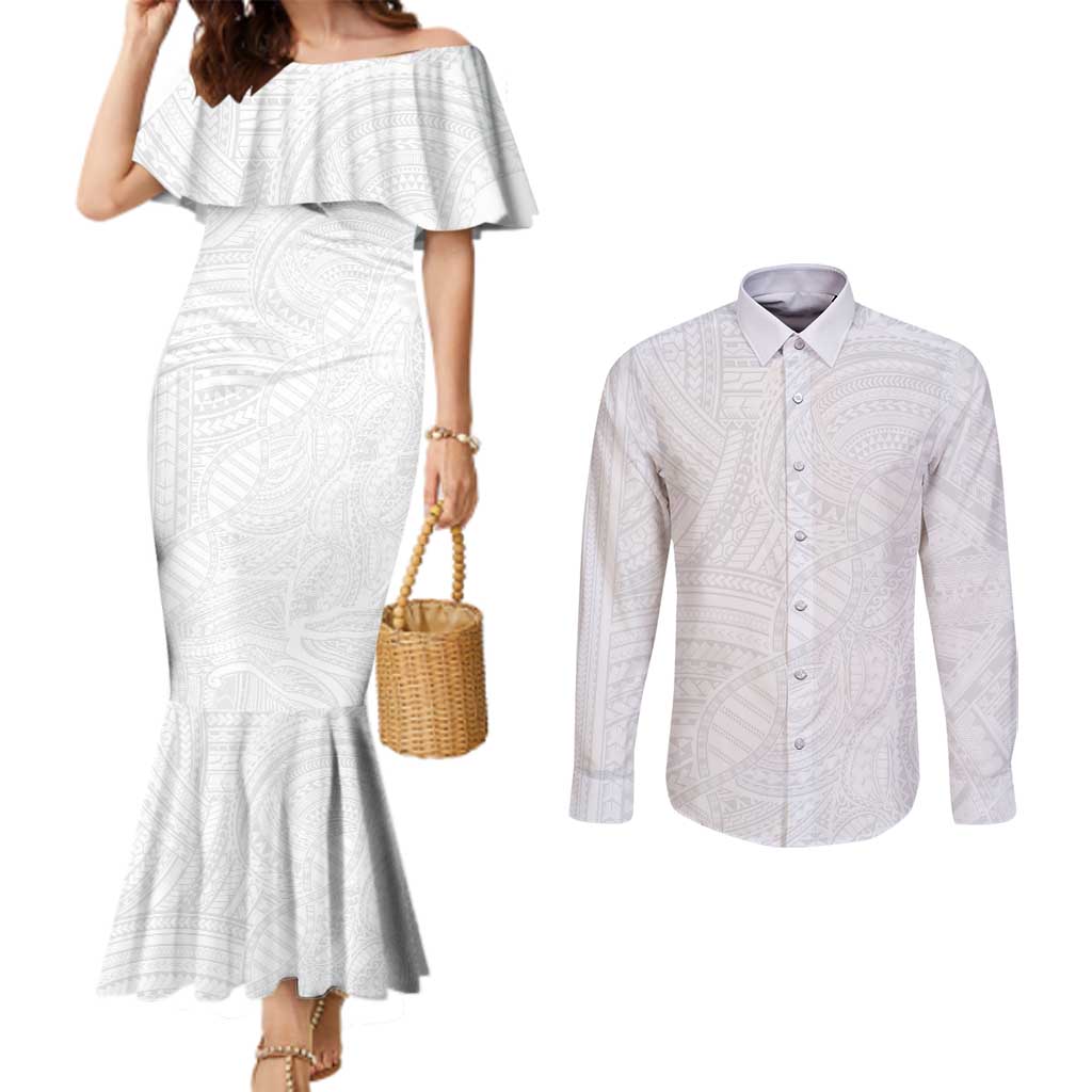 Samoan DNA Art Tattoo Couples Matching Mermaid Dress and Long Sleeve Button Shirt Polynesian Pattern All White LT03 White - Polynesian Pride