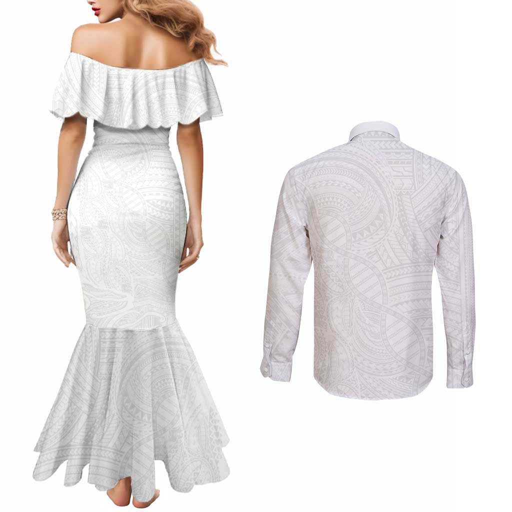 Samoan DNA Art Tattoo Couples Matching Mermaid Dress and Long Sleeve Button Shirt Polynesian Pattern All White LT03 - Polynesian Pride