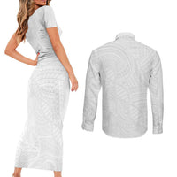 Samoan DNA Art Tattoo Couples Matching Short Sleeve Bodycon Dress and Long Sleeve Button Shirt Polynesian Pattern All White