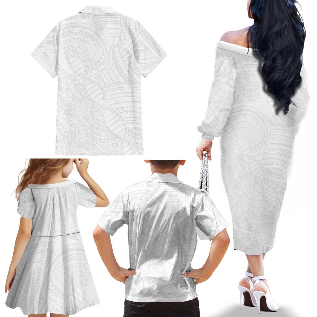 Samoan DNA Art Tattoo Family Matching Off The Shoulder Long Sleeve Dress and Hawaiian Shirt Polynesian Pattern All White LT03 - Polynesian Pride