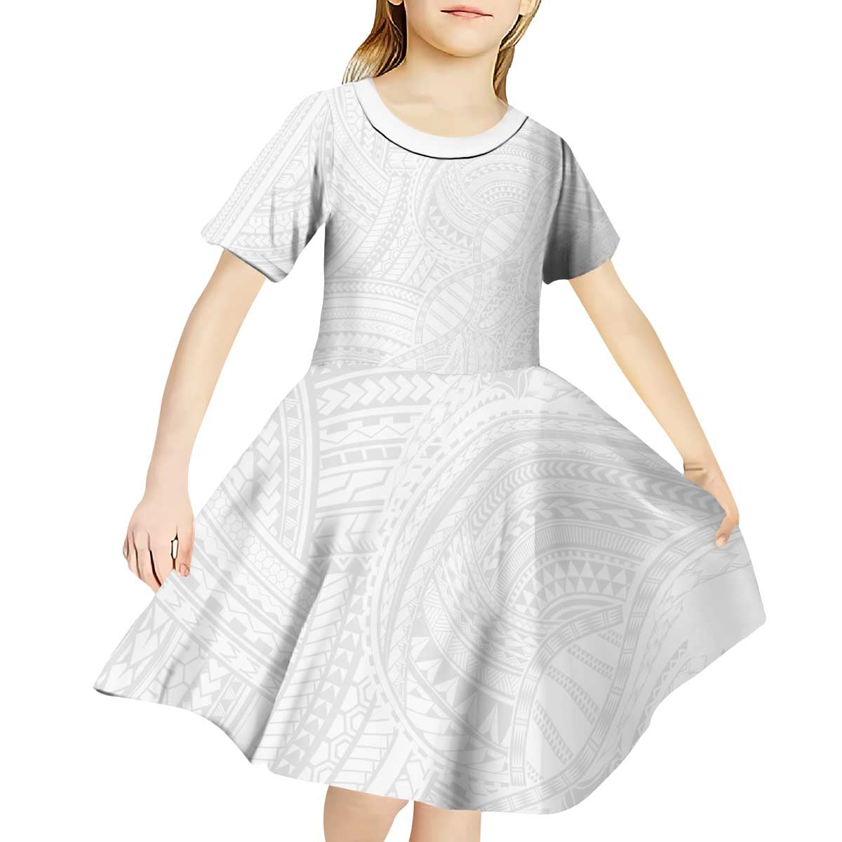 Samoan DNA Art Tattoo Kid Short Sleeve Dress Polynesian Pattern All White LT03 - Polynesian Pride