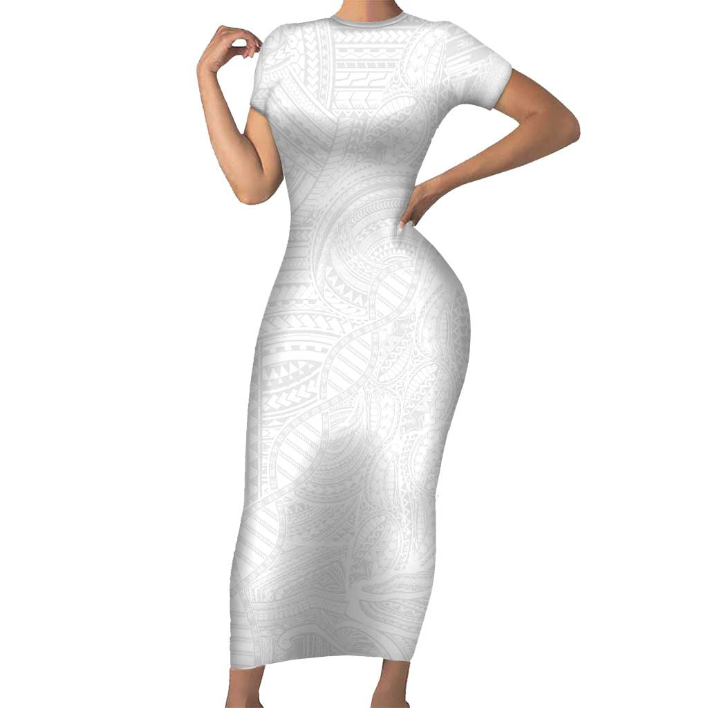 Samoan DNA Art Tattoo Short Sleeve Bodycon Dress Polynesian Pattern All White