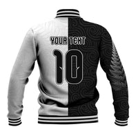 Custom New Zealand Football Baseball Jacket Silver Fern and Maori Tribal Black White Half Sporty Style LT03 - Polynesian Pride