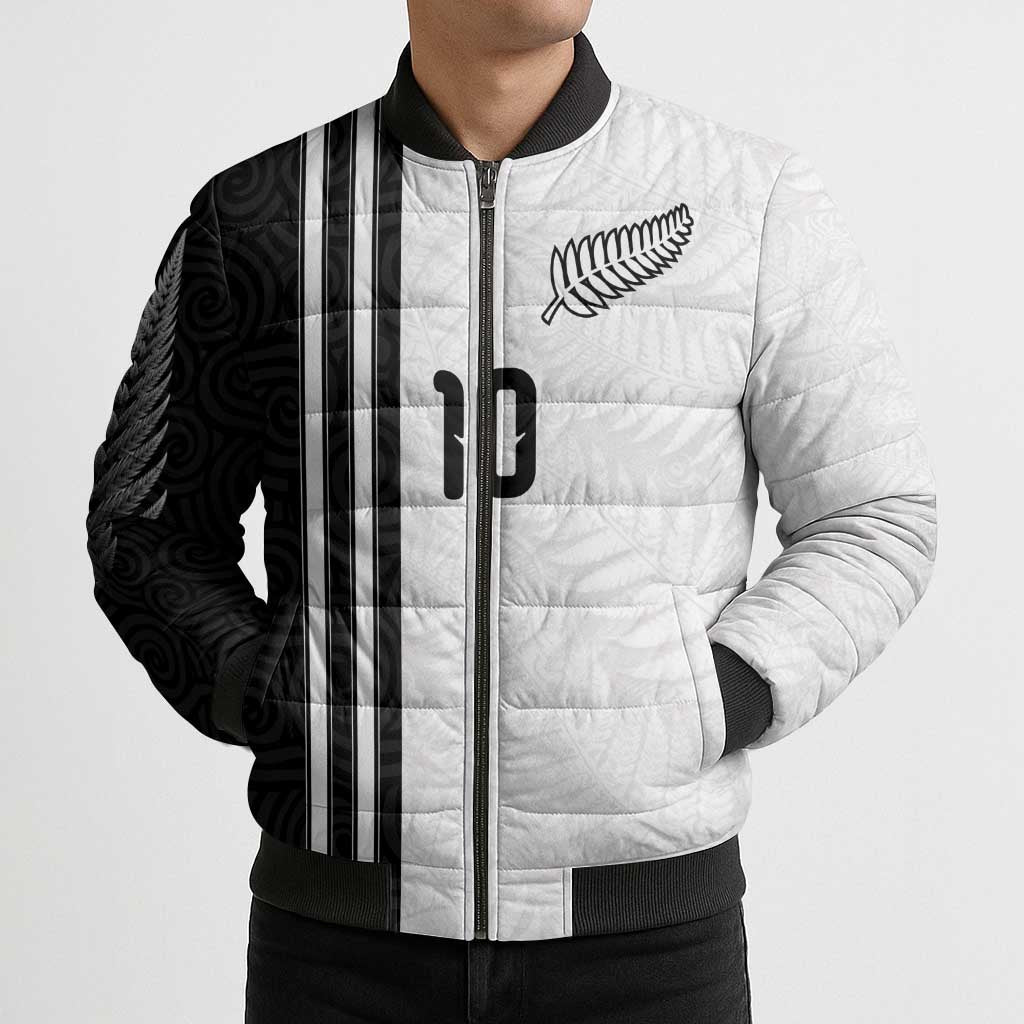 Custom New Zealand Football Bomber Puffer Jacket Silver Fern and Maori Tribal Black White Half Sporty Style LT03 - Polynesian Pride