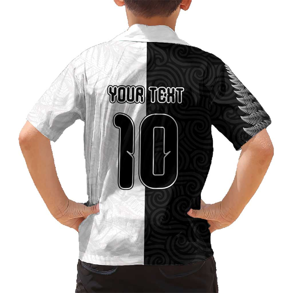 Custom New Zealand Football Kid Hawaiian Shirt Silver Fern and Maori Tribal Black White Half Sporty Style LT03 - Polynesian Pride
