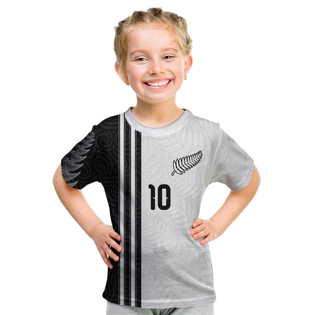 Custom New Zealand Football Kid T Shirt Silver Fern and Maori Tribal Black White Half Sporty Style LT03 Multicolor - Polynesian Pride