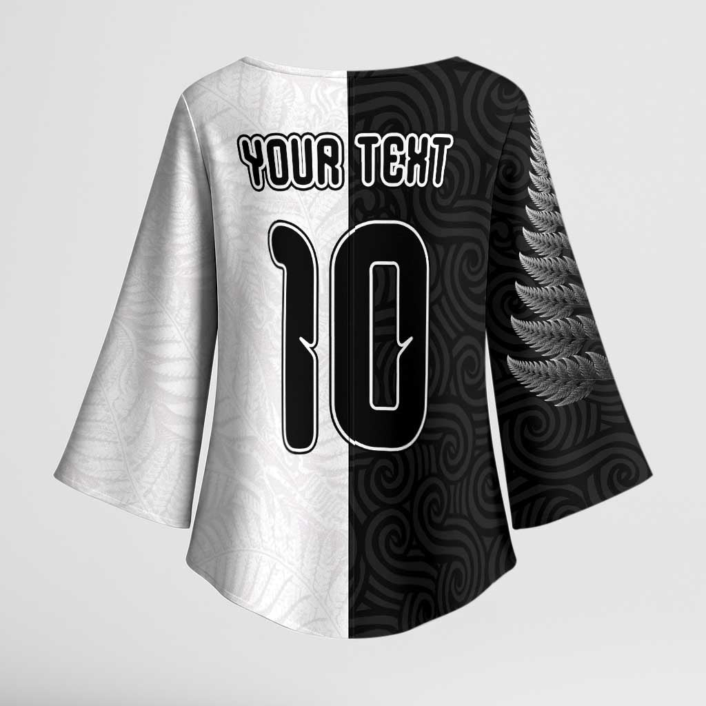 Custom New Zealand Football Kimono Sleeve Blouse Silver Fern and Maori Tribal Black White Half Sporty Style LT03 - Polynesian Pride