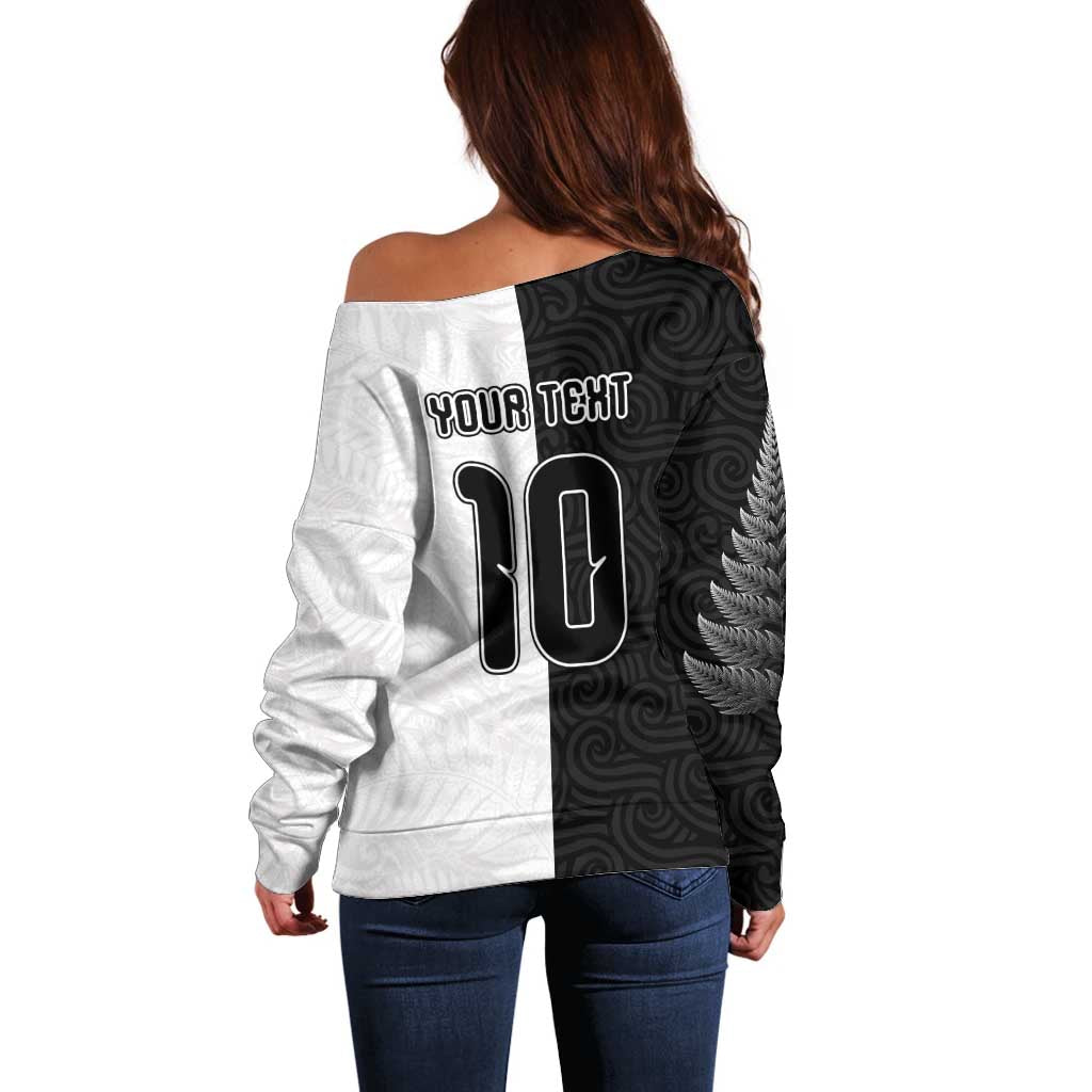 Custom New Zealand Football Off Shoulder Sweater Silver Fern and Maori Tribal Black White Half Sporty Style LT03 - Polynesian Pride