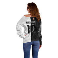 Custom New Zealand Football Off Shoulder Sweater Silver Fern and Maori Tribal Black White Half Sporty Style LT03 - Polynesian Pride