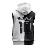 Custom New Zealand Football Sleeveless Hoodie Silver Fern and Maori Tribal Black White Half Sporty Style LT03 - Polynesian Pride