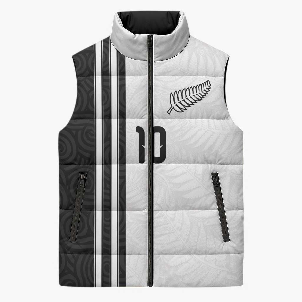 Custom New Zealand Football Sleeveless Puffer Jacket Silver Fern and Maori Tribal Black White Half Sporty Style