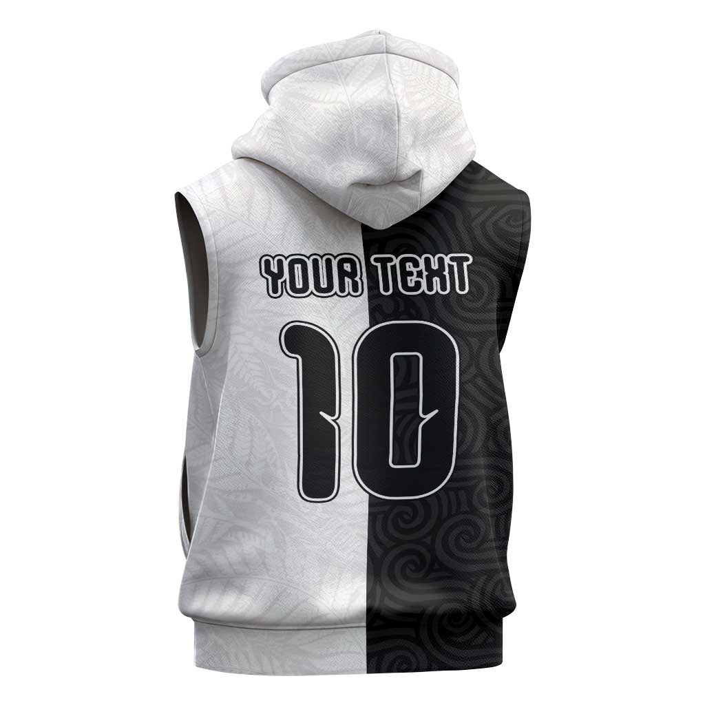 Custom New Zealand Football Sleeveless Zip Hoodie Silver Fern and Maori Tribal Black White Half Sporty Style LT03 - Polynesian Pride