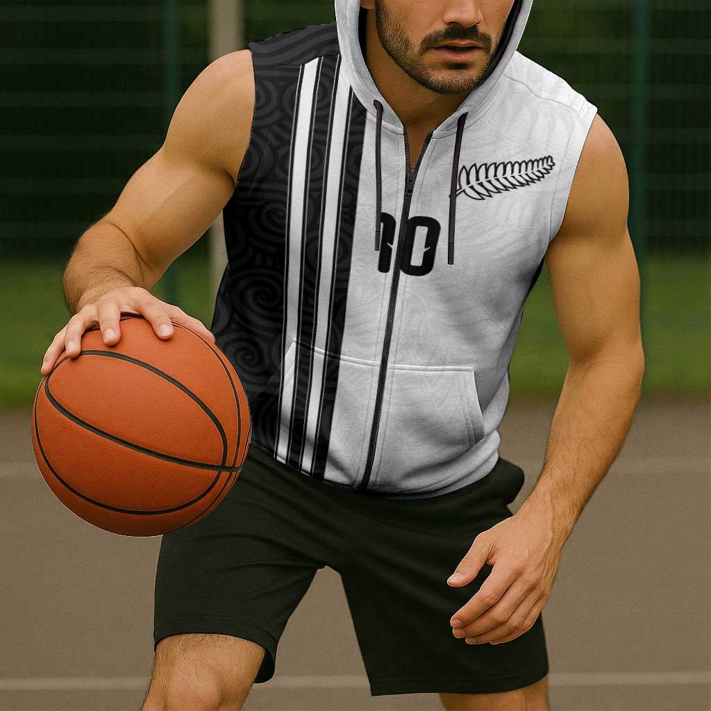 Custom New Zealand Football Sleeveless Zip Hoodie Silver Fern and Maori Tribal Black White Half Sporty Style LT03 - Polynesian Pride