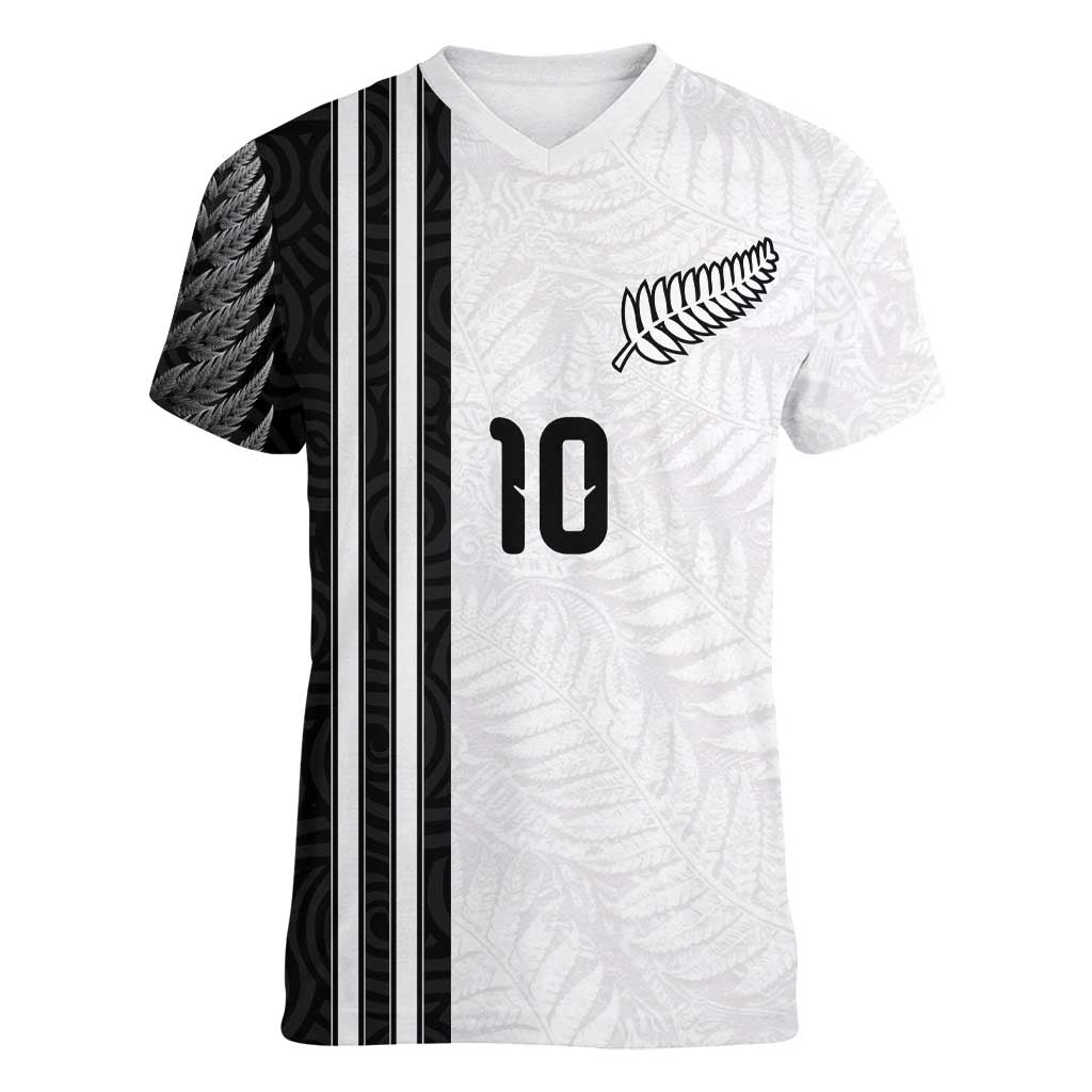 Custom New Zealand Football Women V-Neck T-Shirt Silver Fern and Maori Tribal Black White Half Sporty Style LT03 Female Multicolor - Polynesian Pride