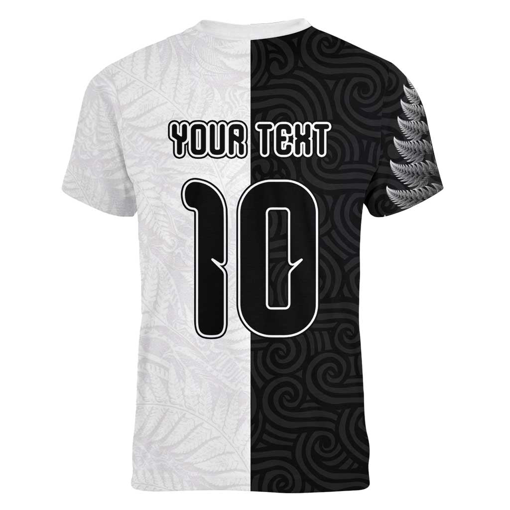 Custom New Zealand Football Women V-Neck T-Shirt Silver Fern and Maori Tribal Black White Half Sporty Style LT03 - Polynesian Pride