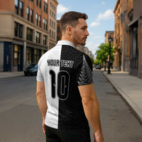 Custom New Zealand Football Zipper Polo Shirt Silver Fern and Maori Tribal Black White Half Sporty Style LT03 - Polynesian Pride