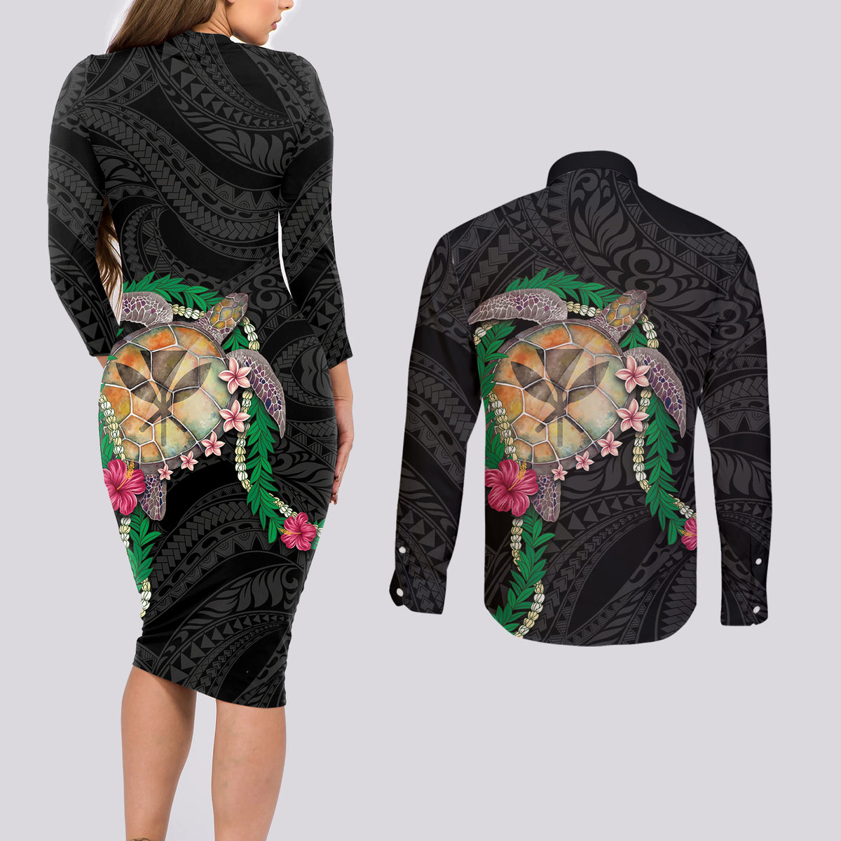 Hawaii Pikake and Maile Lei Couples Matching Long Sleeve Bodycon Dress and Long Sleeve Button Shirt Honu Polynesian Pattern Black Color