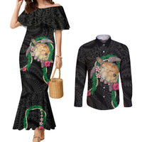 Hawaii Pikake and Maile Lei Couples Matching Mermaid Dress and Long Sleeve Button Shirt Honu Polynesian Pattern Black Color