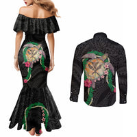 Hawaii Pikake and Maile Lei Couples Matching Mermaid Dress and Long Sleeve Button Shirt Honu Polynesian Pattern Black Color