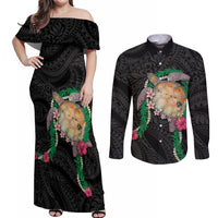 Hawaii Pikake and Maile Lei Couples Matching Off Shoulder Maxi Dress and Long Sleeve Button Shirt Honu Polynesian Pattern Black Color