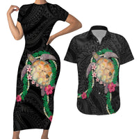 Hawaii Pikake and Maile Lei Couples Matching Short Sleeve Bodycon Dress and Hawaiian Shirt Honu Polynesian Pattern Black Color LT03 Black - Polynesian Pride