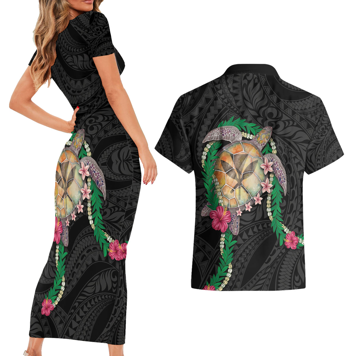 Hawaii Pikake and Maile Lei Couples Matching Short Sleeve Bodycon Dress and Hawaiian Shirt Honu Polynesian Pattern Black Color LT03 - Polynesian Pride