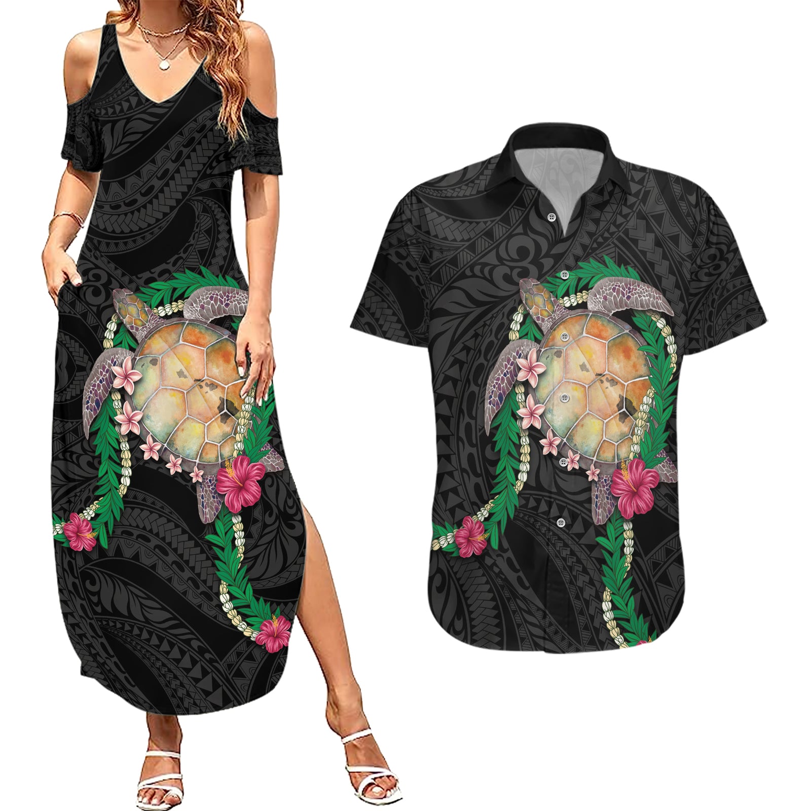 Hawaii Pikake and Maile Lei Couples Matching Summer Maxi Dress and Hawaiian Shirt Honu Polynesian Pattern Black Color