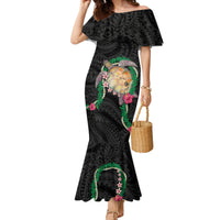 Hawaii Pikake and Maile Lei Family Matching Mermaid Dress and Hawaiian Shirt Honu Polynesian Pattern Black Color LT03 Mom's Dress Black - Polynesian Pride