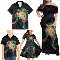 Hawaii Pikake and Maile Lei Family Matching Off Shoulder Maxi Dress and Hawaiian Shirt Honu Polynesian Pattern Black Color LT03 - Polynesian Pride