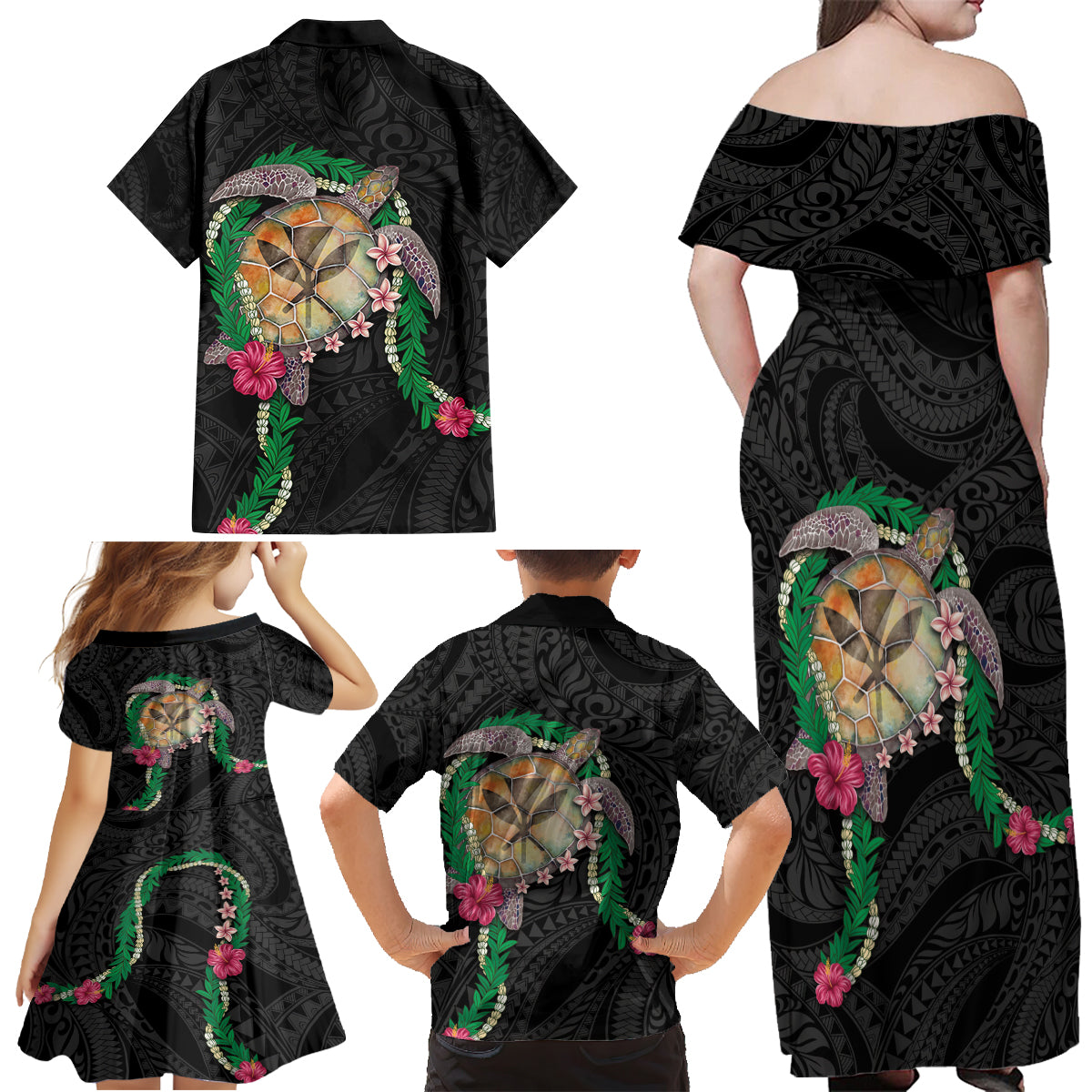 Hawaii Pikake and Maile Lei Family Matching Off Shoulder Maxi Dress and Hawaiian Shirt Honu Polynesian Pattern Black Color LT03 - Polynesian Pride
